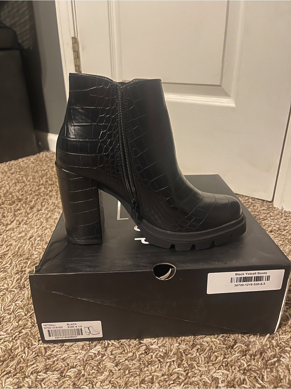 Black Croc-Embossed Platform Ankle Boots - Women